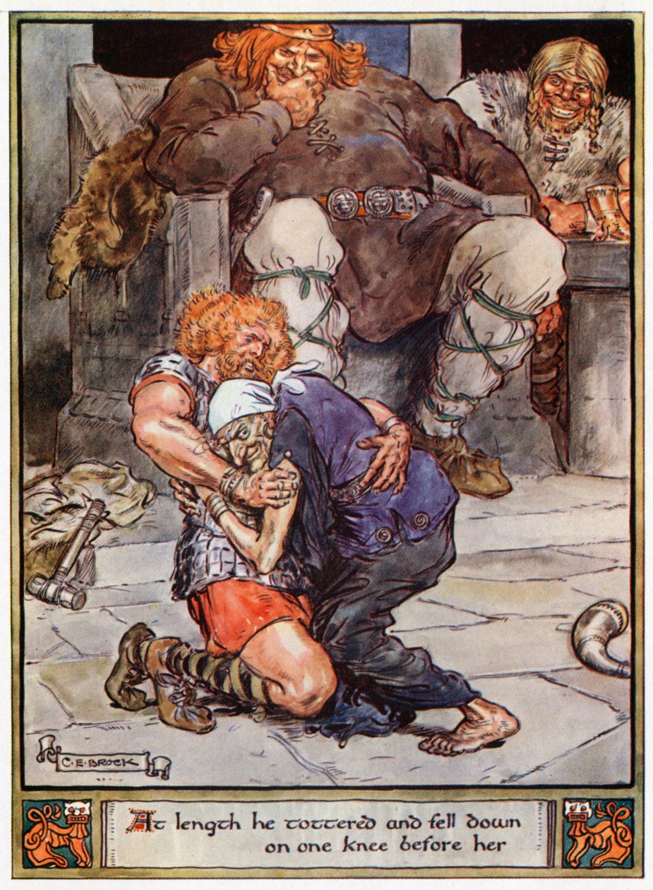 "Till slut vacklade han och föll ner på ett knä framför henne", illustration från "The Heroes of Asgard, Tales from Scandinavian Mythology", av A und E Keary, 1930 av Charles Edmund Brock