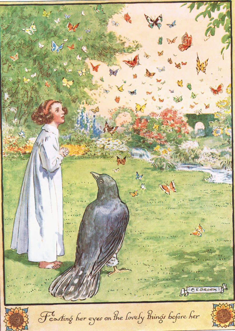 Hon frossar i de vackra sakerna framför sig, illustration från "The Cuckoo Clock" av Mrs Molesworth, utgiven av Macmillan 1930. av Charles Edmund Brock