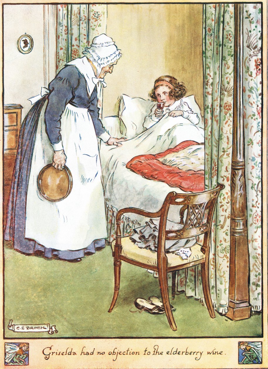 Griselda hade inga invändningar mot flädervinet, illustration från "Gökuret" av Mrs Molesworth, publicerad av Macmillan 1930 av Charles Edmund Brock