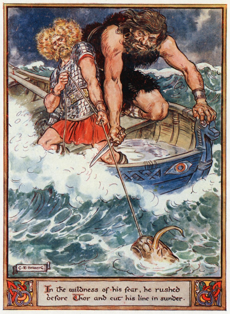 "I sin rädslas vildhet rusade han framför Thor och skar hans lina sunder", illustration från "The Heroes of Asgard, tales from Scandinavian Mythology", av A und E Keary, 1930 av Charles Edmund Brock