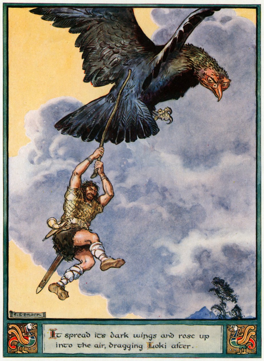 "Den bredde ut sina mörka vingar och steg upp i luften och drog Loki efter sig", illustration från "The Heroes of Asgard, tales from Scandinavian Mythology", av A und E Keary, 1930. av Charles Edmund Brock