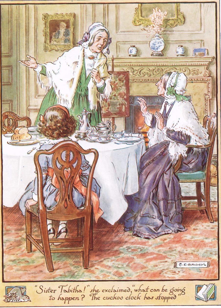 Kuckusklockan har stannat, illustration från "The Cuckoo Clock" av Mrs Molesworth, utgiven av Macmillan 1930. av Charles Edmund Brock