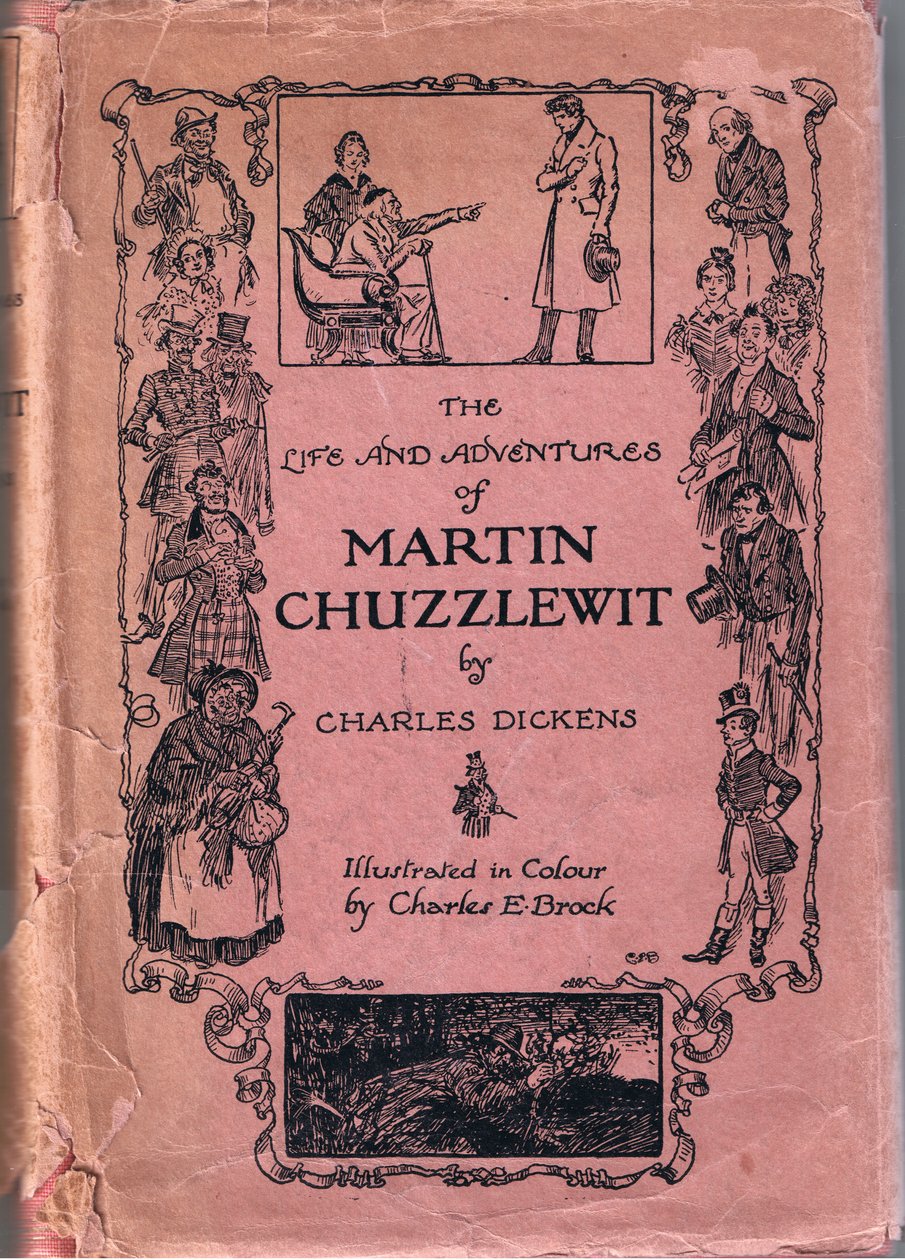 Martin Chuzzlewits liv och äventyr av Charles Dickens, främre omslaget av Charles Edmund Brock