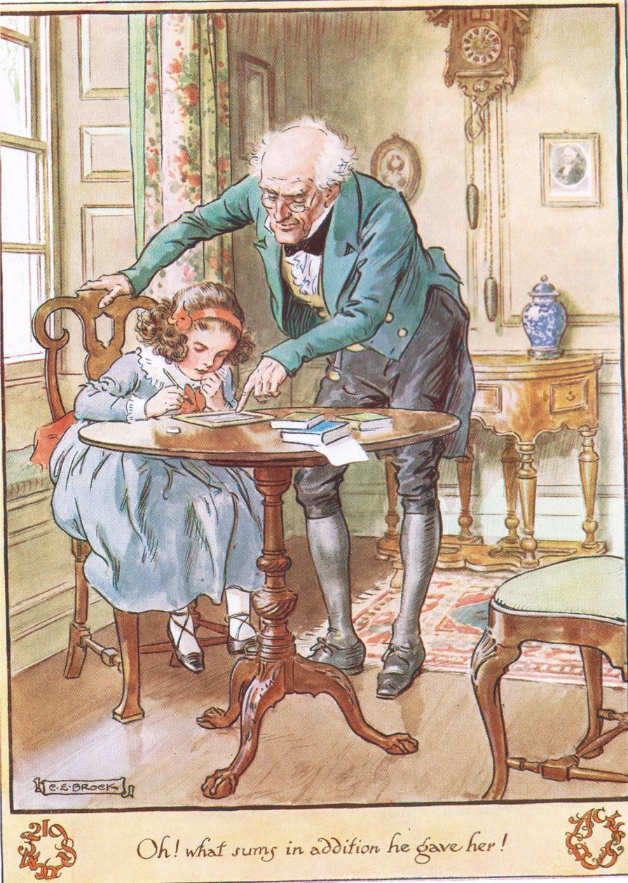 Maths Lesson, illustration från "The Cuckoo Clock" av Mrs Molesworth, publicerad av Macmillan 1930 av Charles Edmund Brock