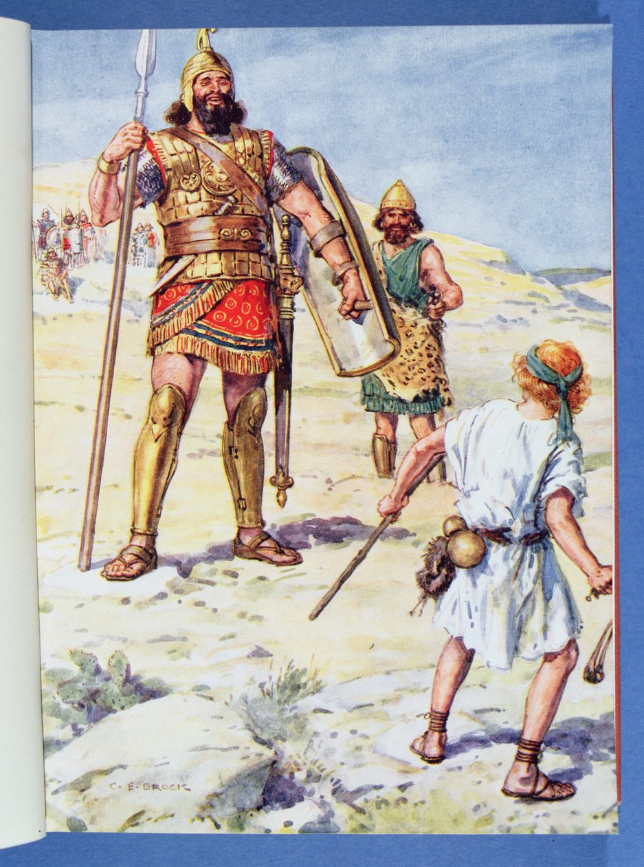 "Filistéen stod upp och kom och gick David till mötes", illustration från "Through the Bible", Venture Publishing, 1928. av Charles Edmund Brock