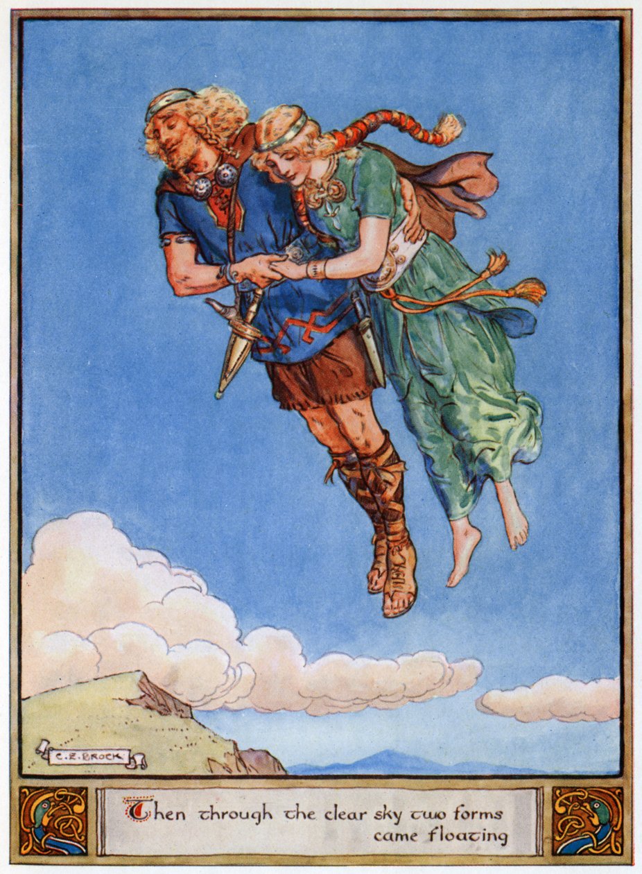 "Då kom två former svävande genom den klara himlen", illustration från "The Heroes of Asgard, Tales from Scandinavian Mythology", av A und E Keary, 1930. av Charles Edmund Brock