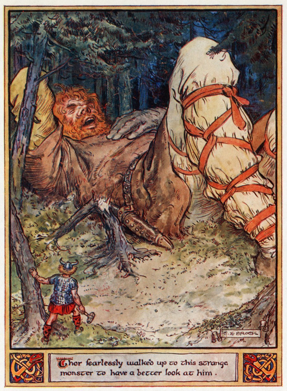 "Thor gick orädd fram till detta märkliga monster för att se honom bättre", illustration från "The Heroes of Asgard, berättelser från skandinavisk mytologi", av A und E Keary, 1930 av Charles Edmund Brock