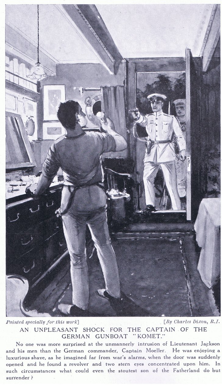 En obehaglig chock för kaptenen på den tyska kanonbåten Komet oktober 1914 av Charles Edward Dixon