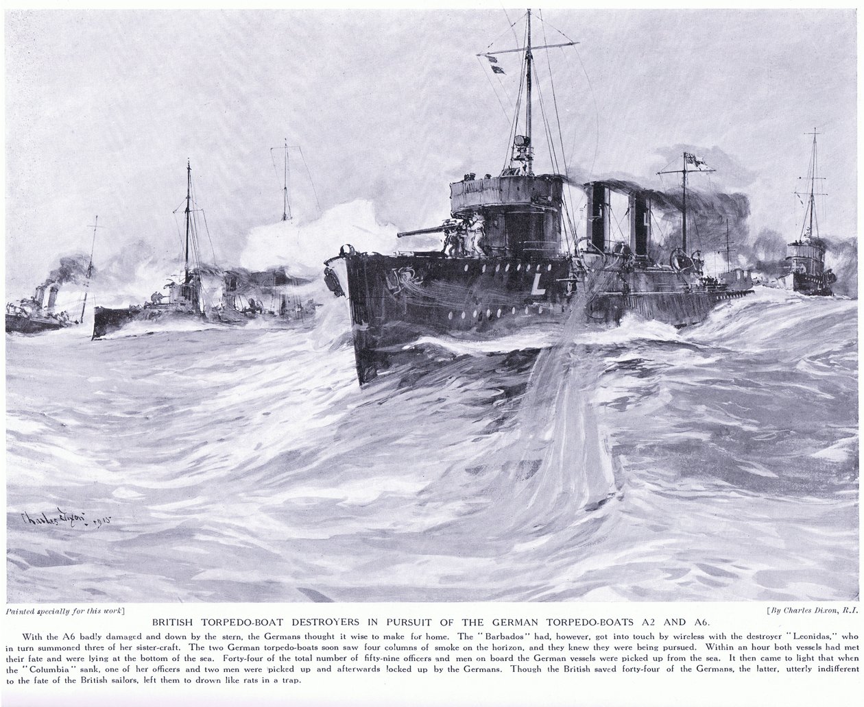 Brittiska torpedbåtsförstörare i jakten på de tyska torpedbåtarna A2 och A6 november 1914. av Charles Edward Dixon