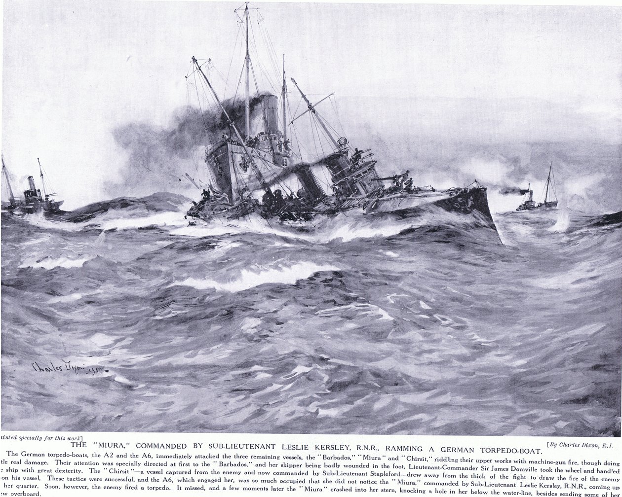 Th Miura under befäl av underlöjtnant Lesley Kelsey RNR rammade en tysk torpedbåt, oktober 1914 av Charles Edward Dixon
