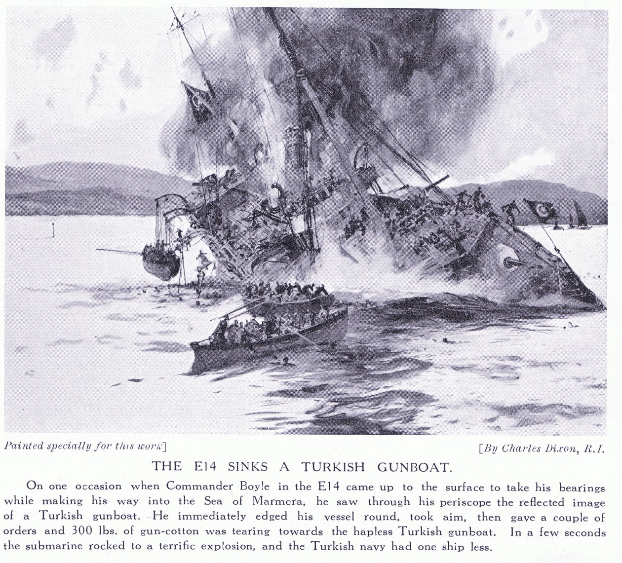 E14 sänker en turkisk kanonbåt i Marmorasjön 1915. av Charles Edward Dixon