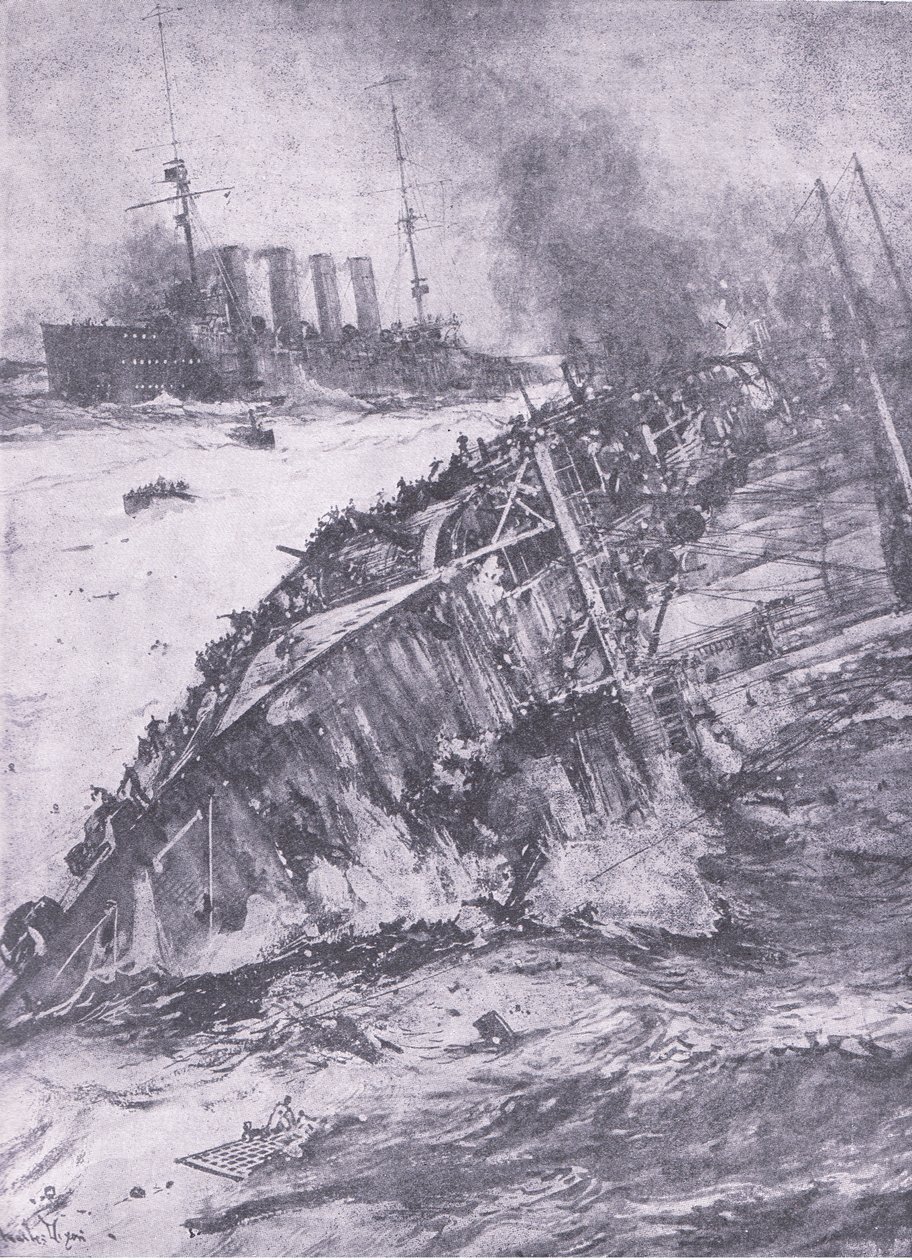 Katastrofen i Nordsjön: Aboukirs förlisning, från History of the Great War Vol 3 publicerad av Waverley Book Co Limited, ca 1920 av Charles Edward Dixon