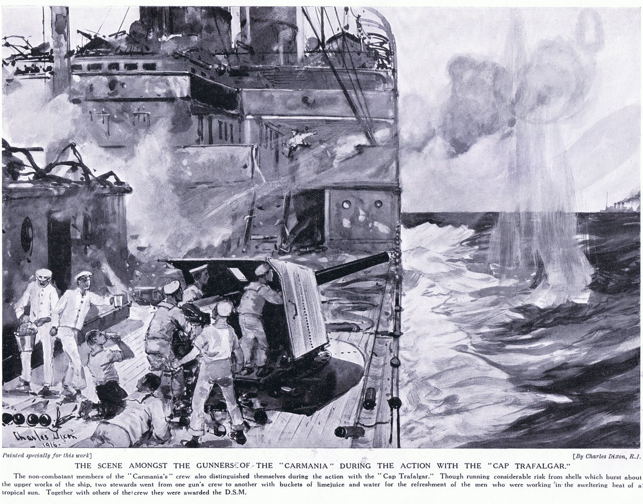 Scenen bland skyttarna i Carmania under aktionen med Cap Trafalgar av Charles Edward Dixon