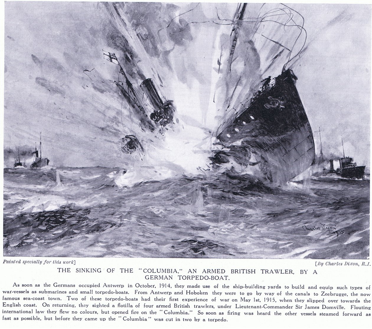 Columbia, en beväpnad brittisk trålare, sänktes av en tysk torpedbåt på den engelska kusten i oktober 1914. av Charles Edward Dixon