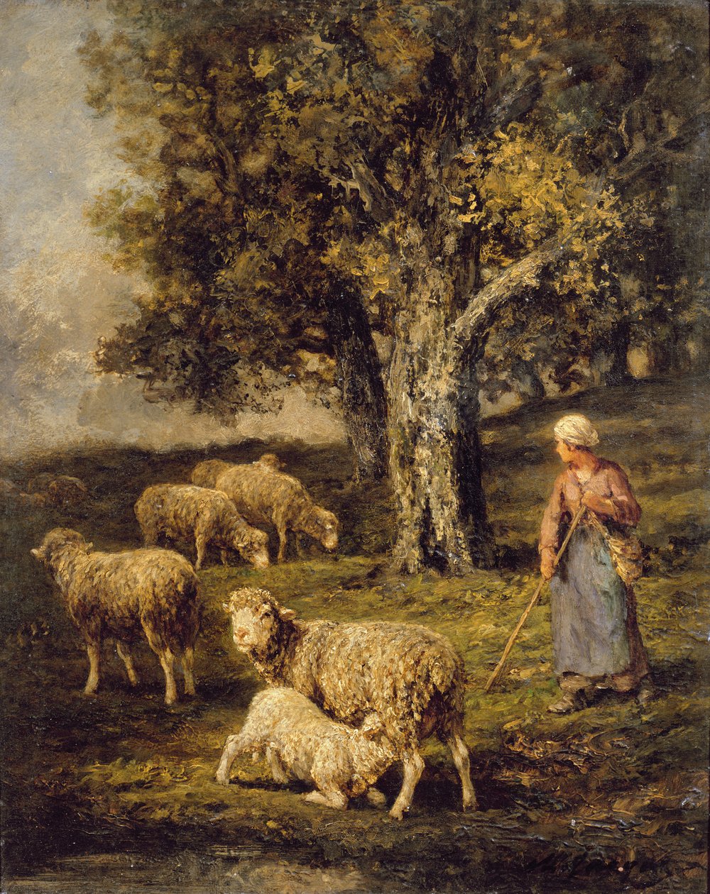 En herdinna och får i ett Barbizonlandskap av Charles Emile Jacque