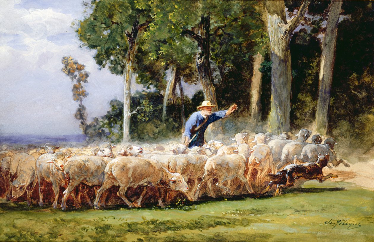 En herde med en fårflock (wc på papper) av Charles Emile Jacques