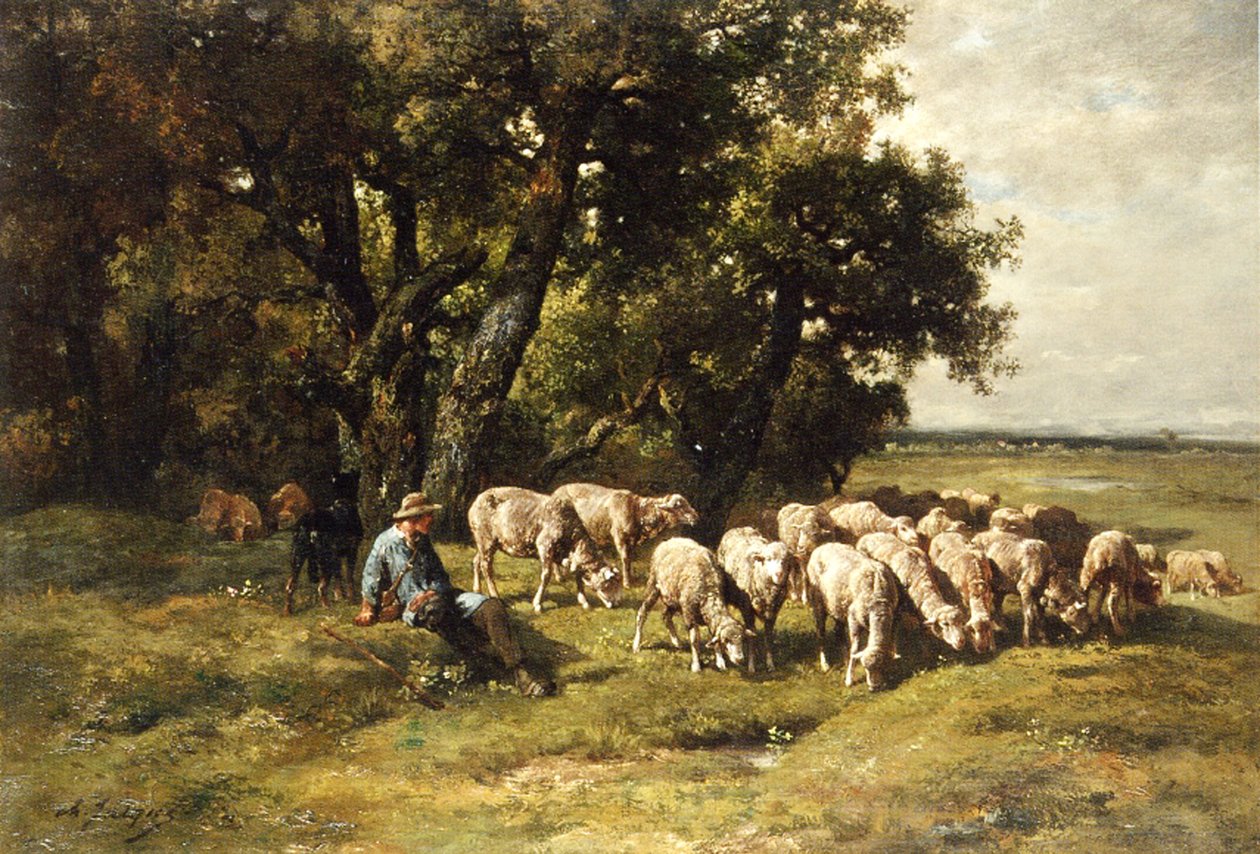 En herde och hans flock olja på duk av Charles Emile Jacques