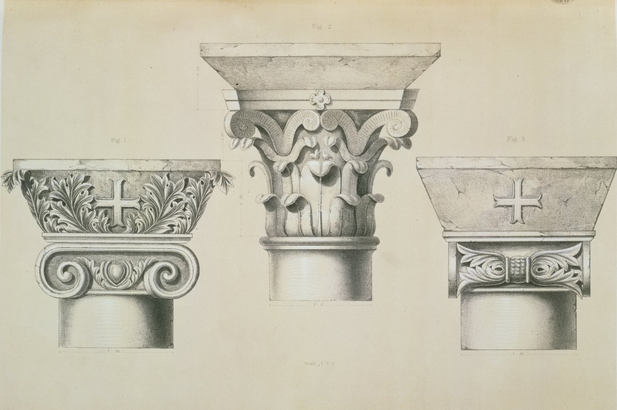 Bysantinska versaler från kolonner i mittskeppet i kyrkan St. Demetrius i Thessalonica, pub. av Day und Son av Charles Felix Marie Texier