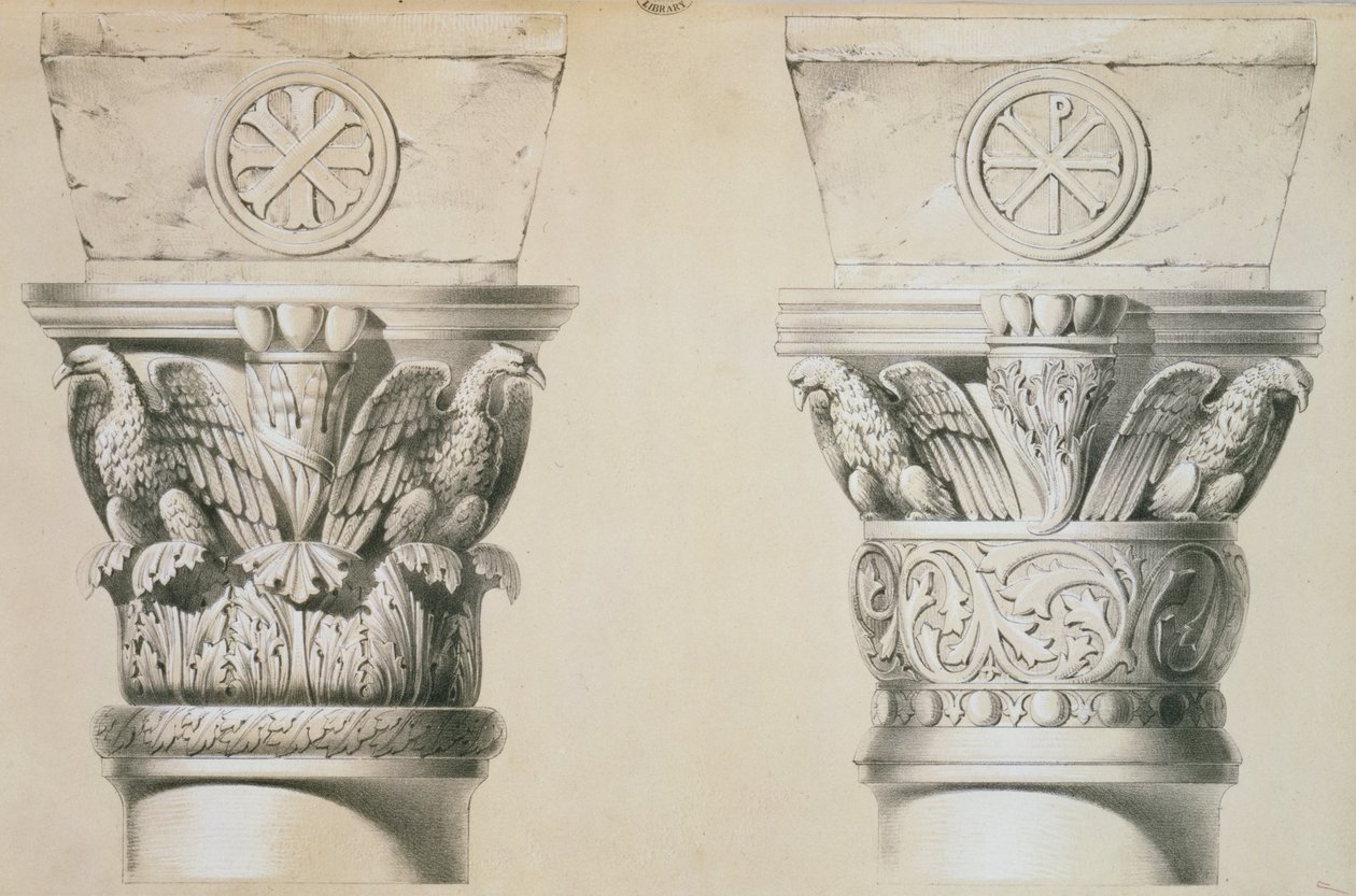 Bysantinska versaler från kolonner i mittskeppet i kyrkan St. Demetrius i Thessalonica, pub. av Day und Son av Charles Felix Marie Texier