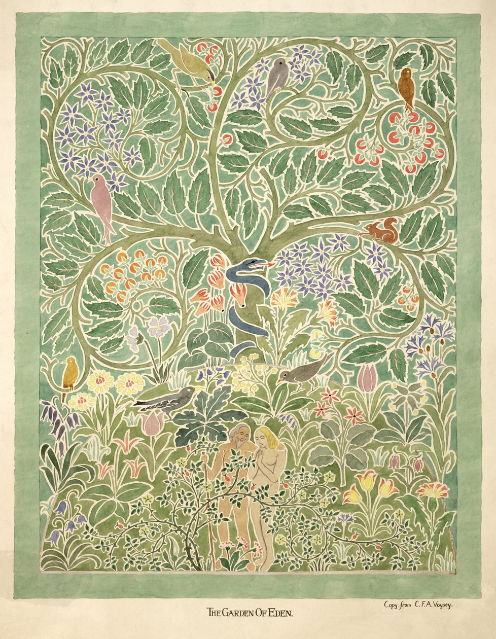 Design av "Adam och Eva" (wc och blyertspenna på papper) av Charles Francis Annesley Voysey