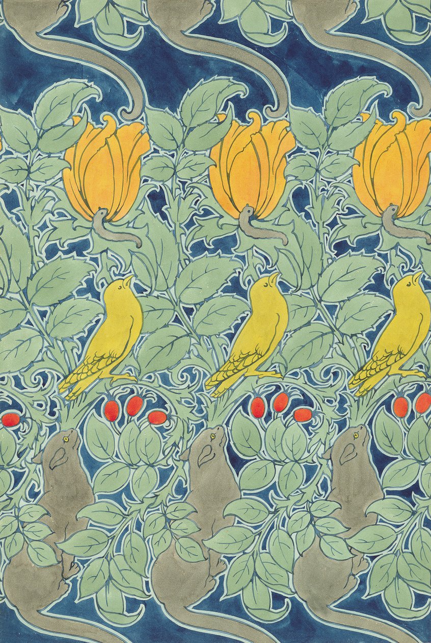 "Let us prey" textildesign (wc och penna på papper) av Charles Francis Annesley Voysey