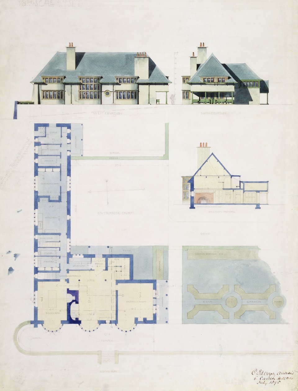 Förslag till utformning av Broad Leys, Windermere, för Arthur Currer Briggs Esq. 1898, (wc och penna på papper). av Charles Francis Annesley Voysey