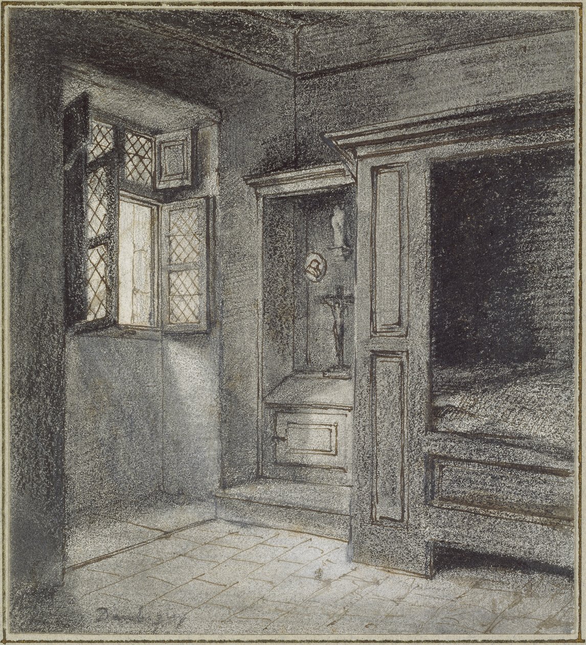 Interiör av ett sovrum med en fristad till vänster (grafit med penna och brunt bläck på vitt papper, nedlagt på grågrönt underlagspapper inom två ramlinjer i penna och svart bläck) av Charles Francois Daubigny