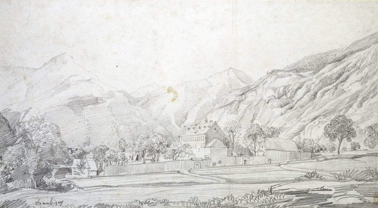 Vy över byggnader i ett muromgärdat område med berg i bakgrunden (grafit på vitt papper) av Charles Francois Daubigny