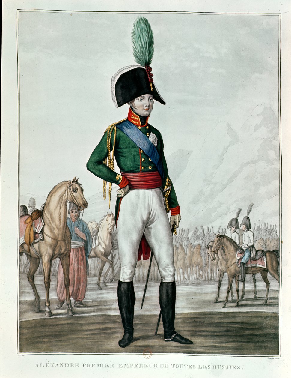 Porträtt av Alexander I Pavlovich (1777-1825) med sin armé av Charles Francois Gabriel Levachez