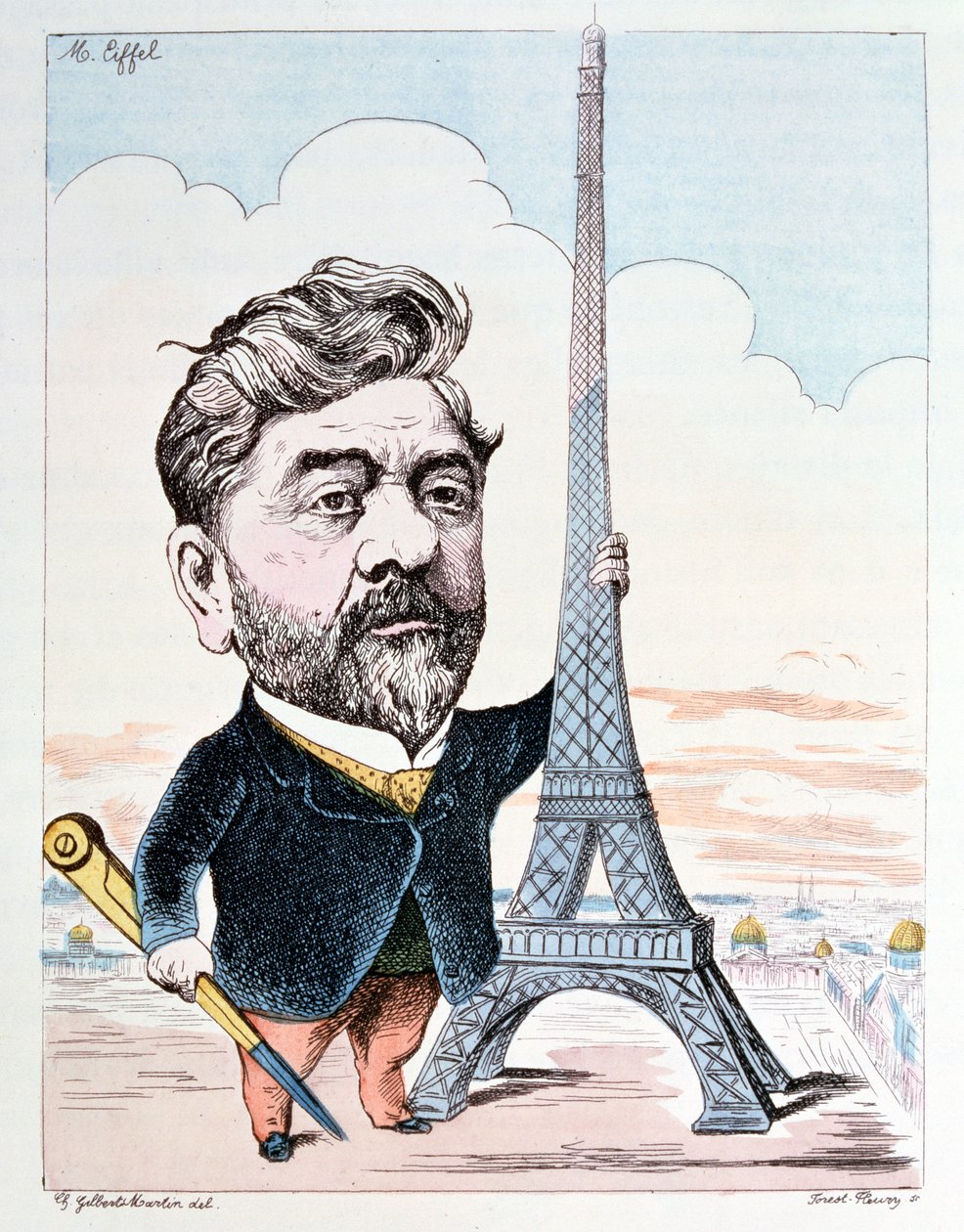 Gustave Eiffel (1832-1923) med sin mest kända konstruktion, Eiffeltornet, graverad av Forest Fleury av Charles Gilbert Martin