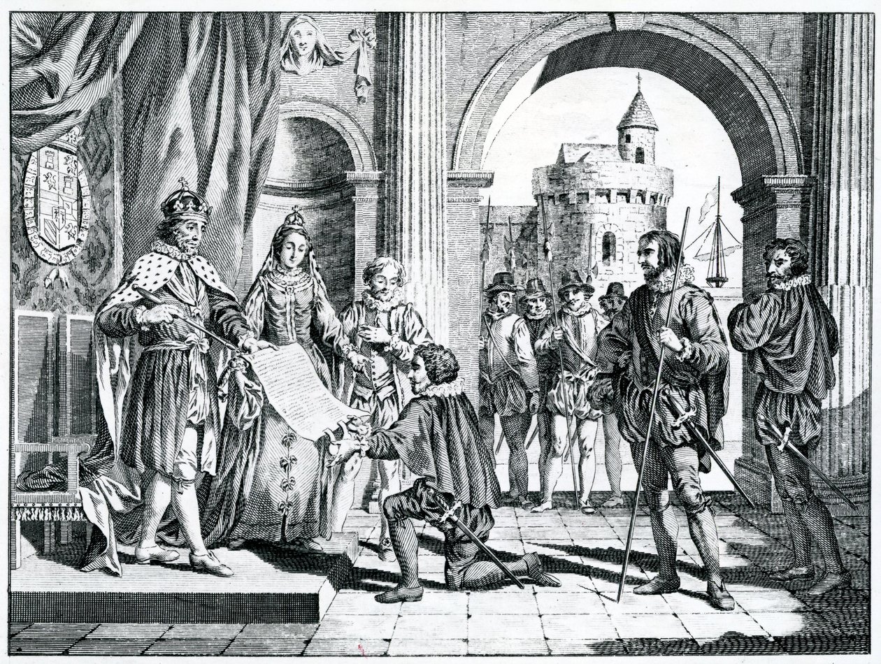 Christopher Columbus (1451-1506) presenterar en redogörelse för sin upptäckt av Amerika för kungen och drottningen av Spanien av Charles Grignion