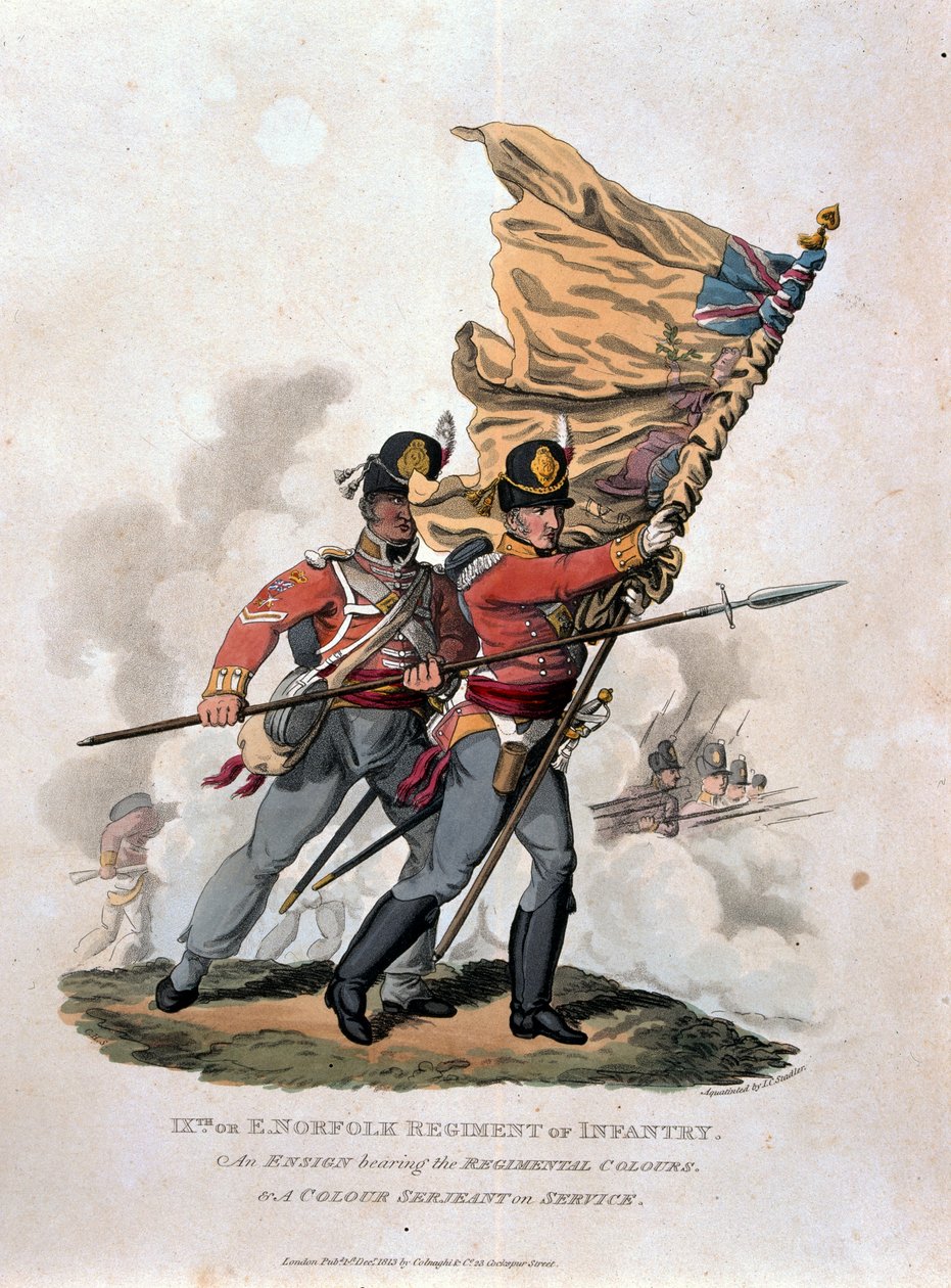 9th, or E Norfolk Regiment of Infantry, från "Costumes of the Army of the British Empire, according to the last regulations 1812", graverad av J.C. Stadler, utgiven av Colnaghi und Co. 1812-15 (färg). av Charles Hamilton Smith