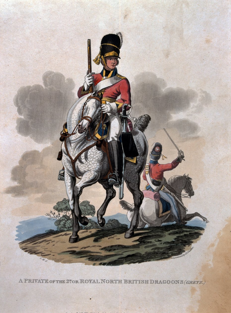 En soldat i 2:a, eller Royal Northern British Dragoons (Greys) från "Costumes of the Army of the British Empire, according to the last regulations 1812", graverad av J.C. Stadler, utgiven av Colna. av Charles Hamilton Smith