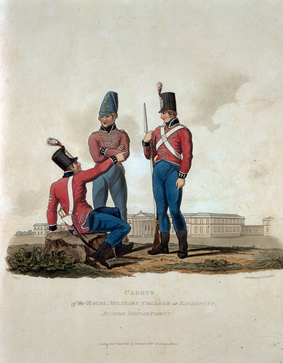 Kadetter vid Royal Military College i Sandhurst, Junior Department, från "Costumes of the Army of the British Empire, according to the last regulations 1812", graverad av J.C. Stadler, utgiven av av Charles Hamilton Smith
