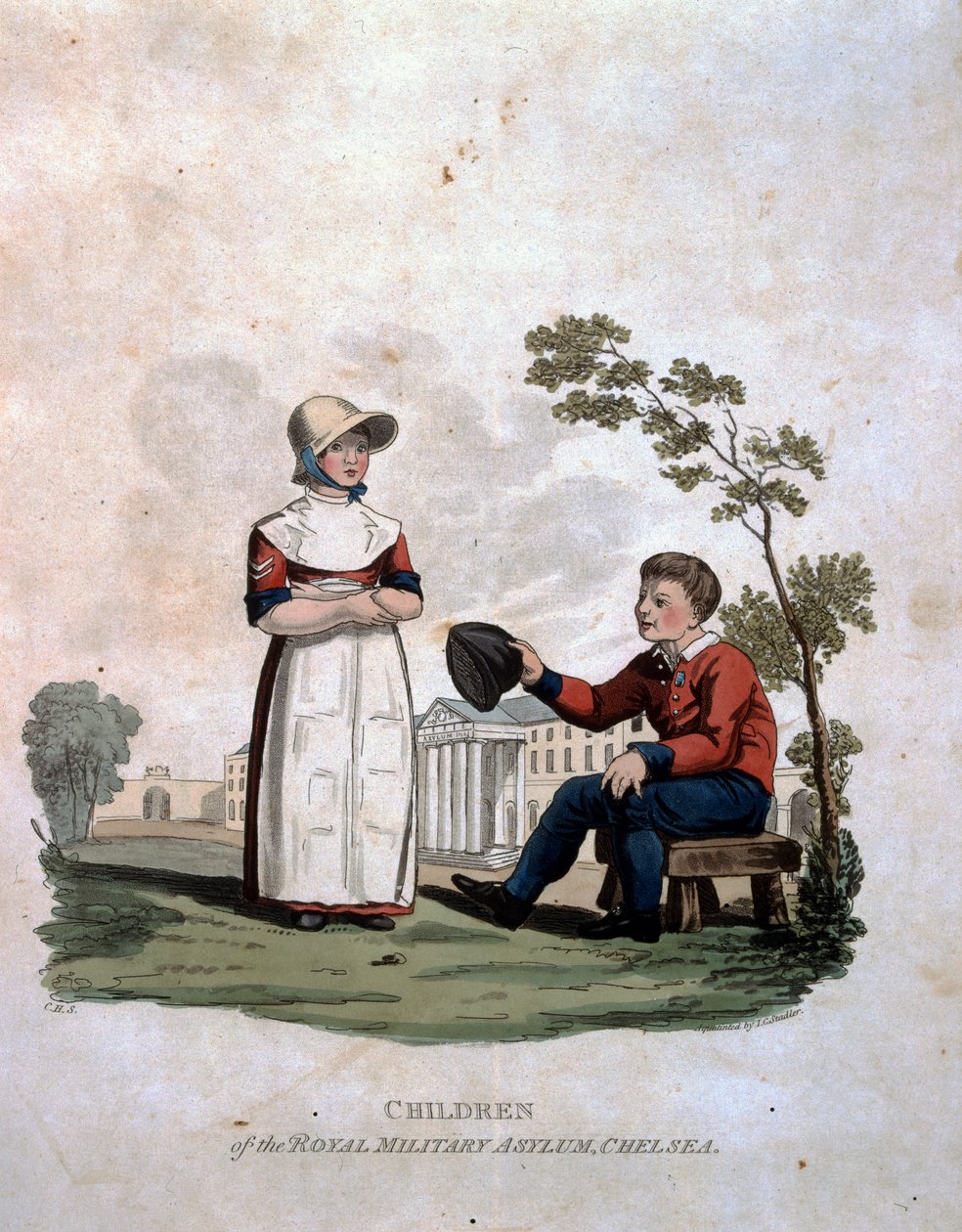 Barn på Royal Military Asylum, Chelsea, från "Costumes of the Army of the British Empire, according to the last regulations 1812", graverad av J.C. Stadler, utgiven av Colnaghi und Co. 1812-15. av Charles Hamilton Smith