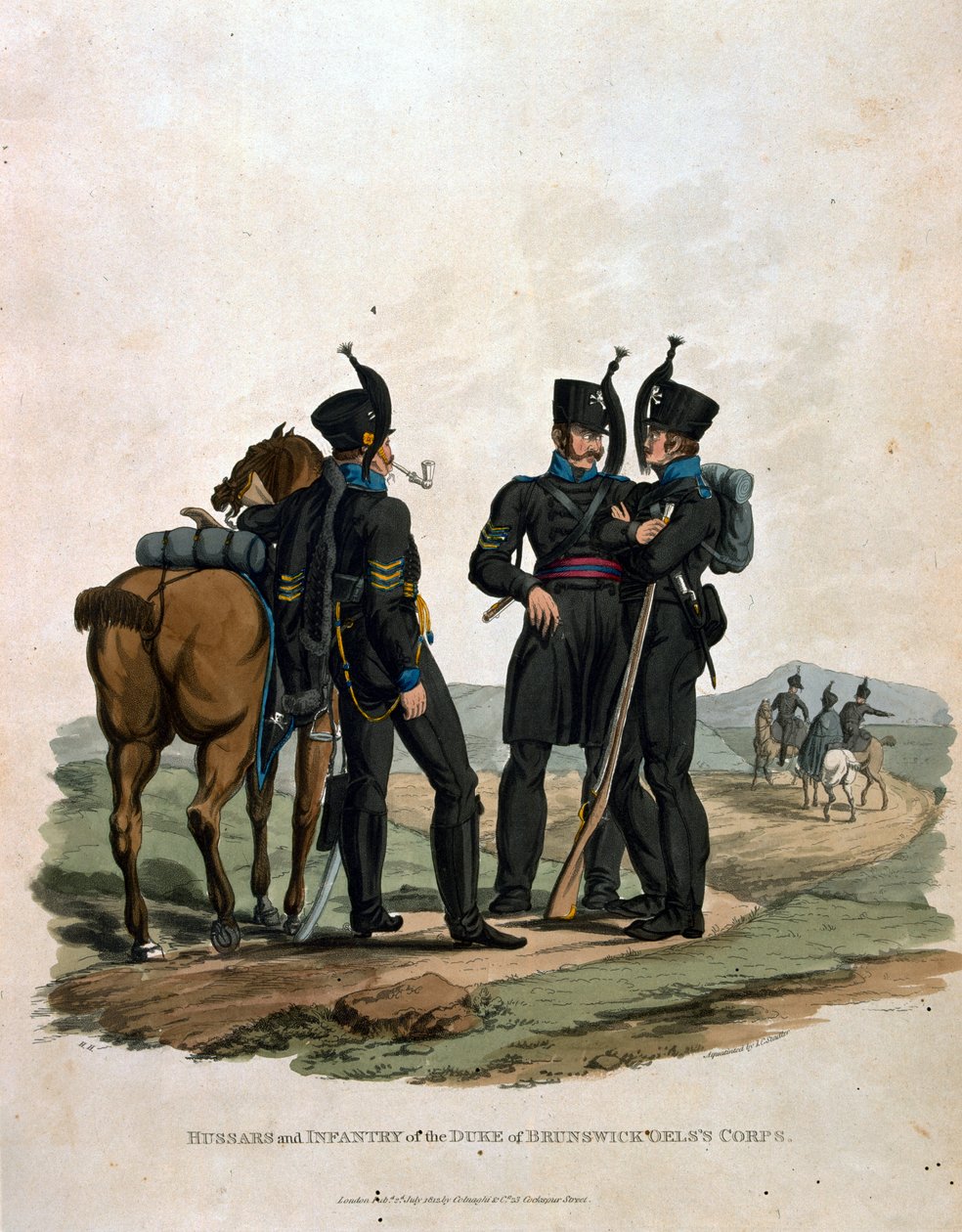 Husarer och infanteri från hertigen av Brunswick Oels kår, från "Costumes of the Army of the British Empire, according to the last regulations 1812", graverad av J.C. Stadler, utgiven av Colnaghi und av Charles Hamilton Smith