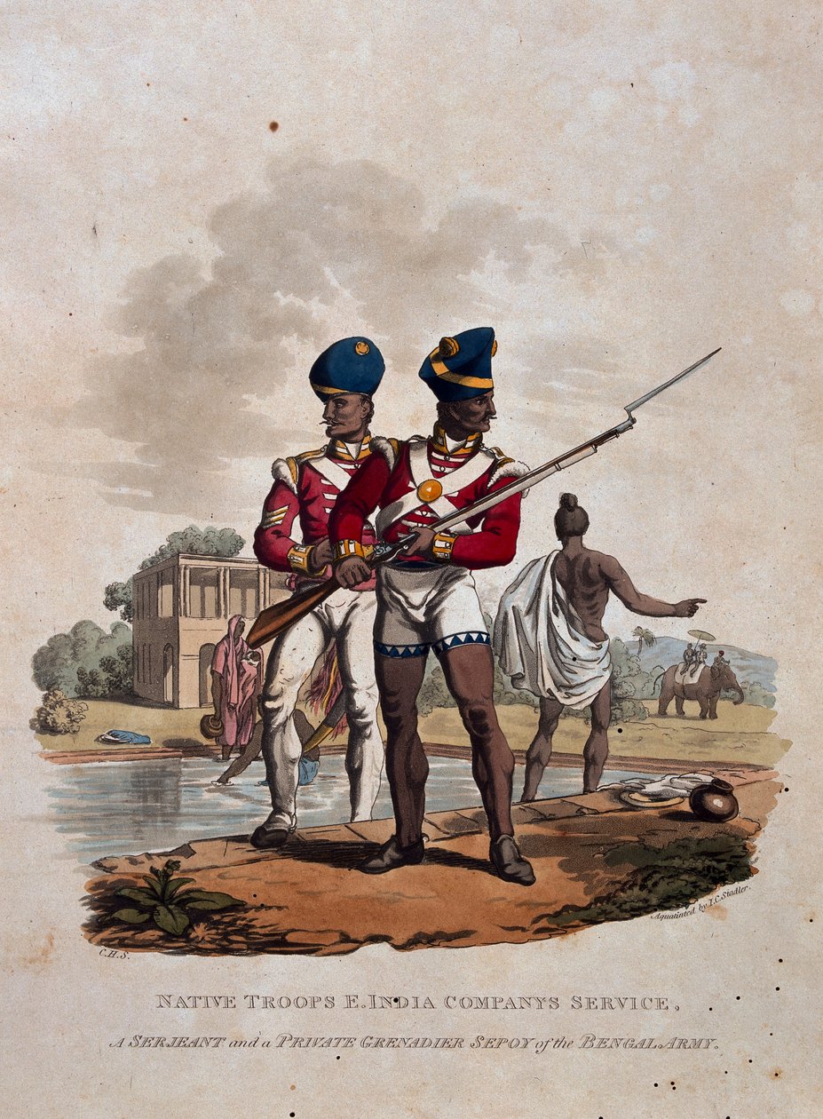 Infödda trupper, Ostindiska kompaniets tjänst, en sergeant och en menig grenadier Sepoy från Bengalarmén, från 