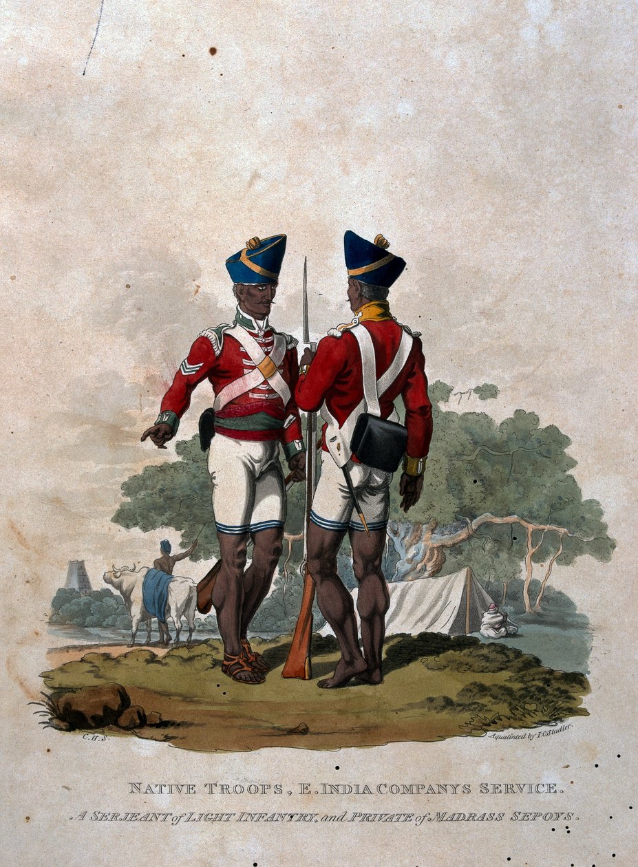 Inhemska trupper, Ostindiska kompaniets tjänst, en sergeant i det lätta infanteriet och en menig i Madras Sepoys, från "Costumes of the Army of the British Empire, according to the last regulations 1812", engra av Charles Hamilton Smith