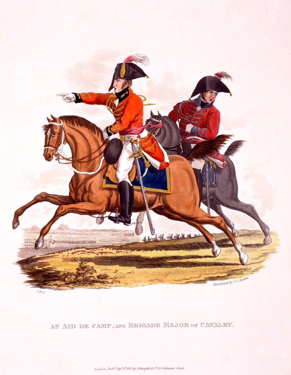 Uniformer för en aide de camp och en brigadmajor i kavalleriet, ur "Costume of the British Empire, according to the Last Regulations", publicerad 1812 (handkolorerad akvatint). av Charles Hamilton Smith