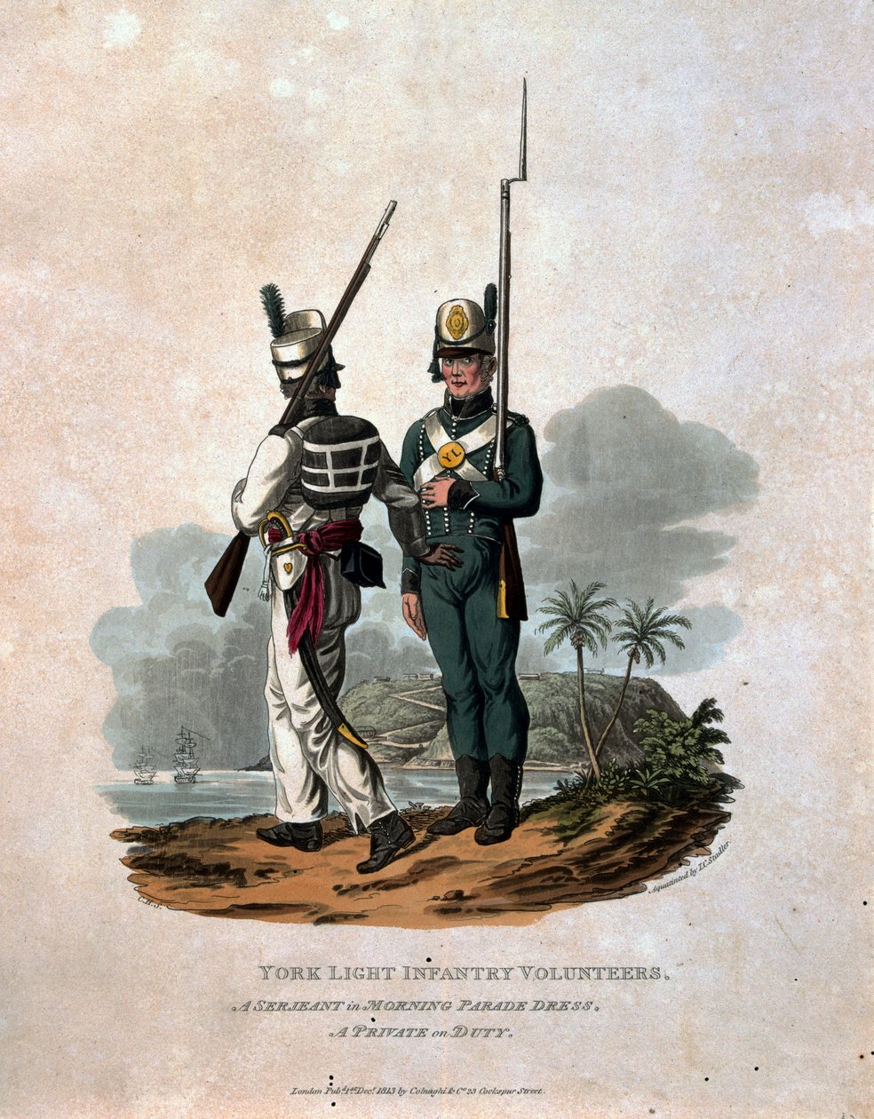 York Light Infantry Volunteers, en serjeant i morgonparadklädsel, en soldat i tjänst, från "Costumes of the Army of the British Empire, according to the last regulations 1812", graverad av J.C. Stadl. av Charles Hamilton Smith