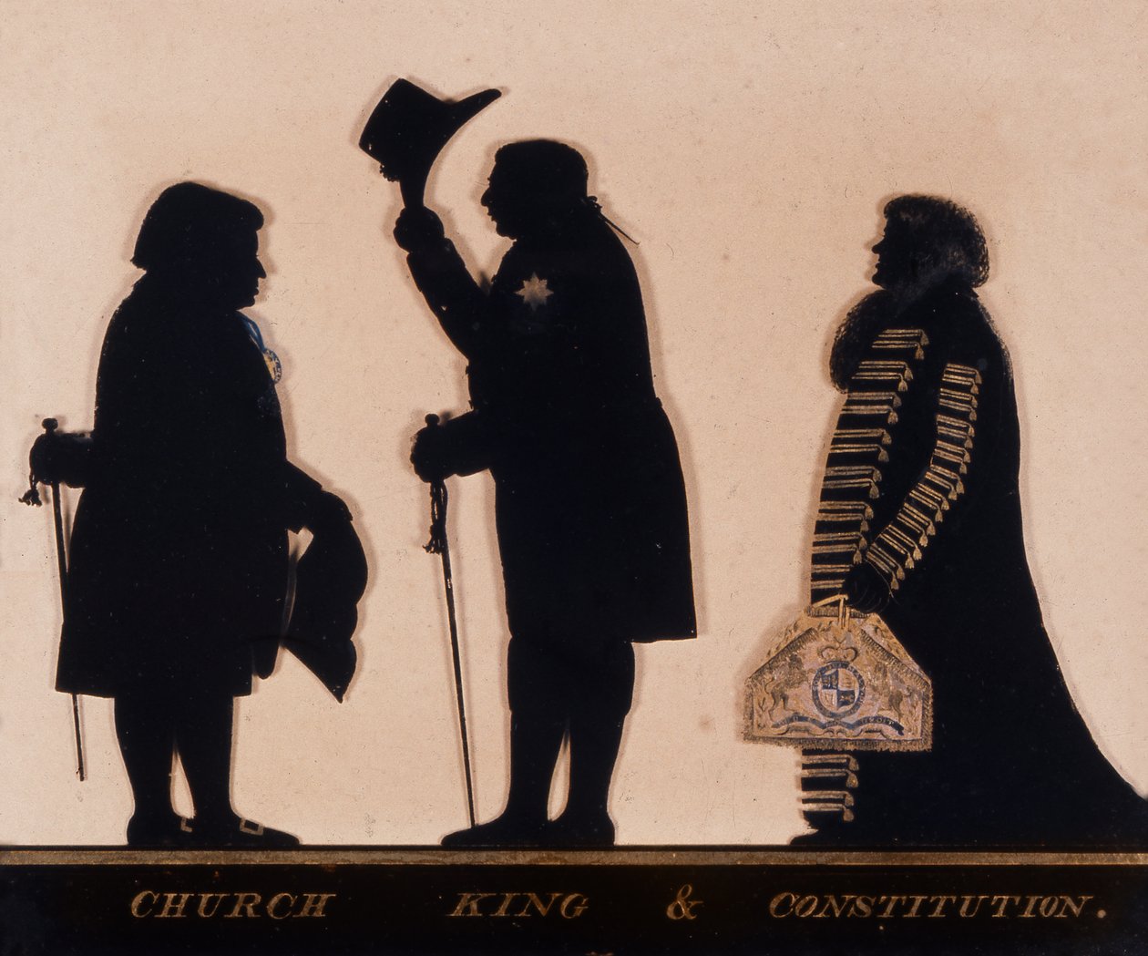 Siluett med titeln "Kyrka, kung och konstitution", ca 1793 (glas) av Charles I Rosenberg