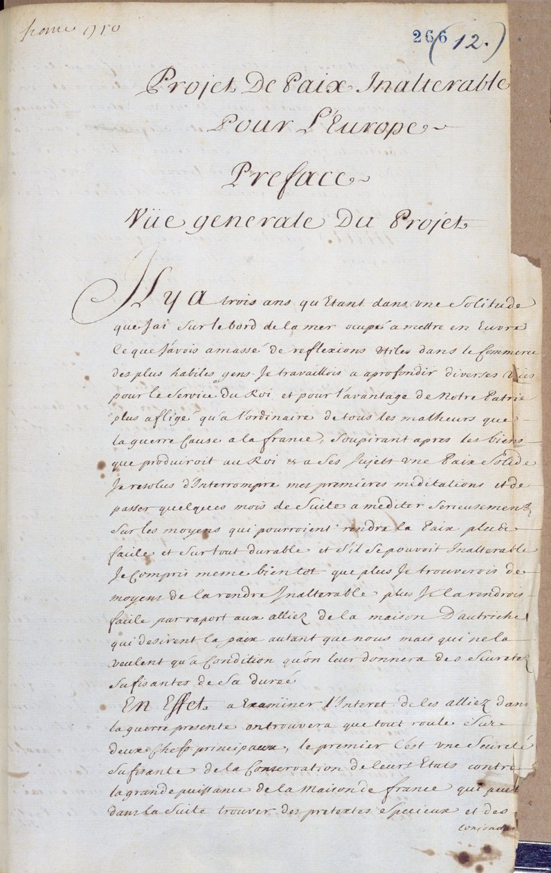 Förord till Projet de Paix Inalterable pour lEurope (Projekt för oföränderlig fred i Europa) c.1710-13 (penna och bläck på papper) av Charles Irenee Castel, Abbe de Saint Pierre