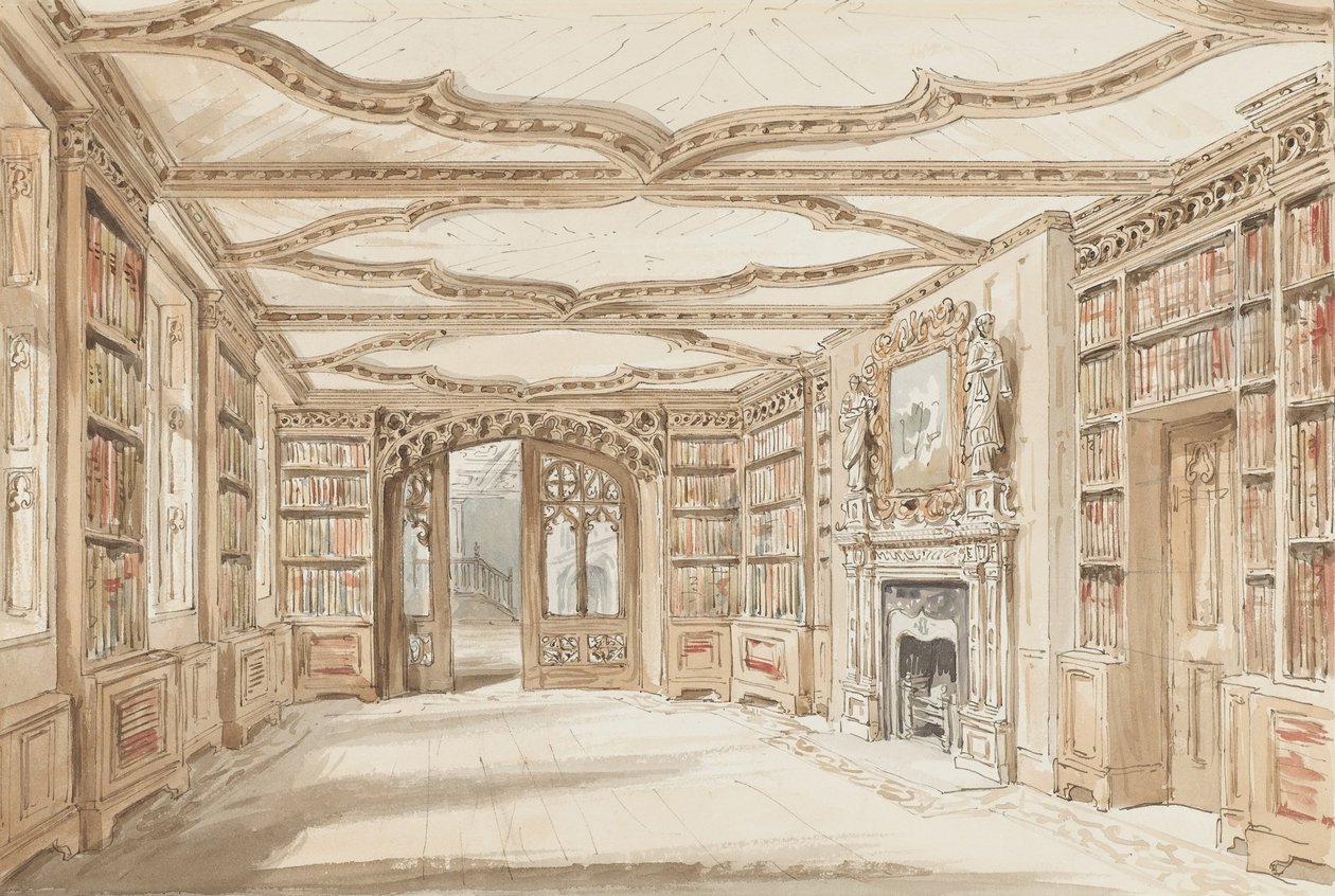 Inre vy av ett bibliotek i gotisk stil av Charles James Richardson