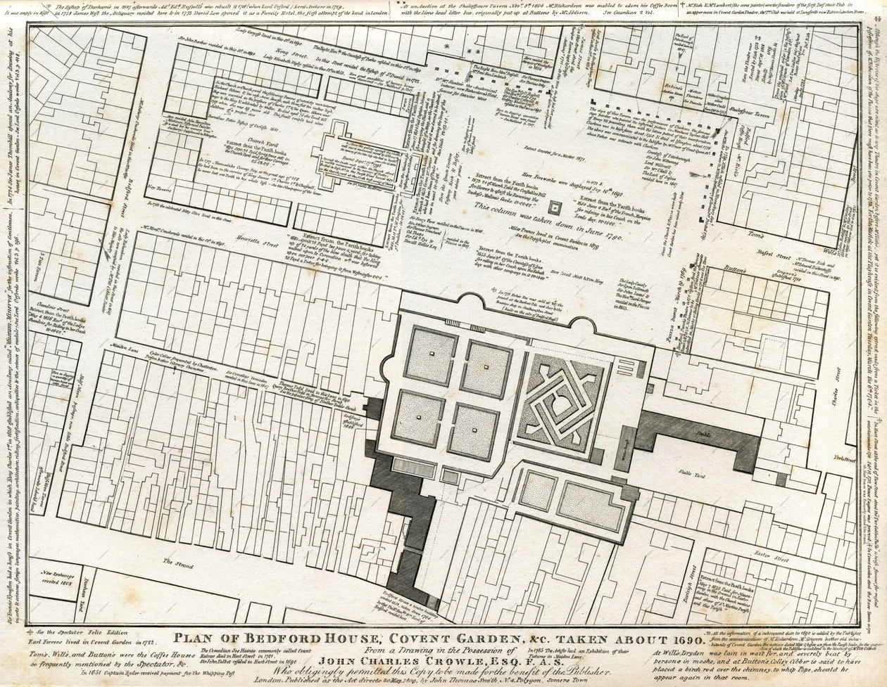 Plan över Bedford House och trädgården i Covent Garden ritad omkring 1690, med efterföljande anteckningar. av Charles John Crowle