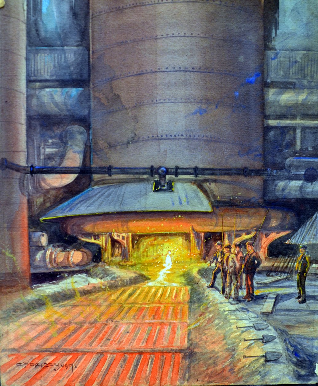 Stålarbetare som gjuter balkar, 1917 (wc och bodycolour på papper) av Charles John de Lacy
