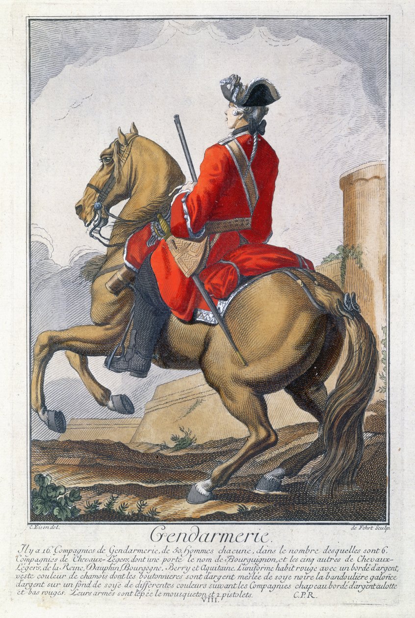 Gendarme monterad på en häst (färggravyr) av Charles Joseph Dominique Eisen