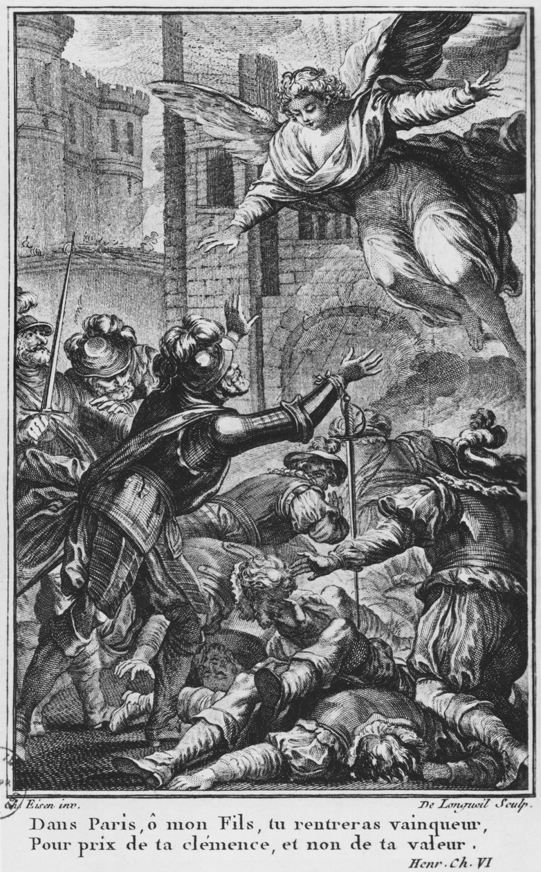 Belägring av Paris, uppenbarelse av St. Louis (1214-70) till Henri IV (1553-1610) graverad av Joseph de Longueil (1730-92) illustration från 