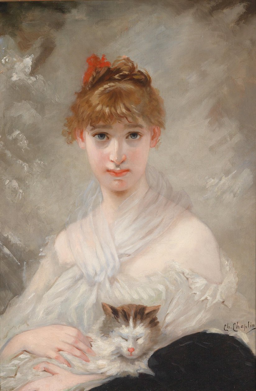 Flicka med en vit halsduk och en katt i famnen av Charles Joshua Chaplin