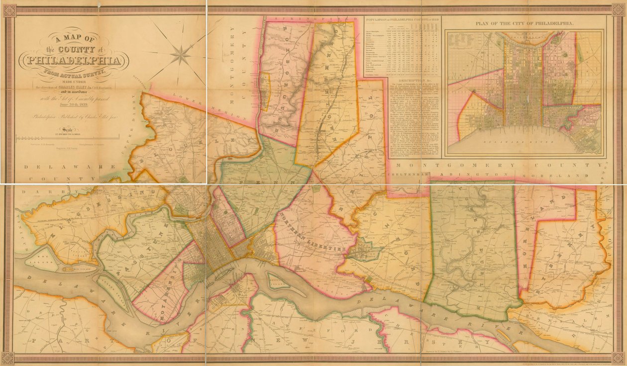 Karta över länet Philadelphia från Actual Survey, 1843 (handfärgad gravyr) av Charles Jr. Ellet