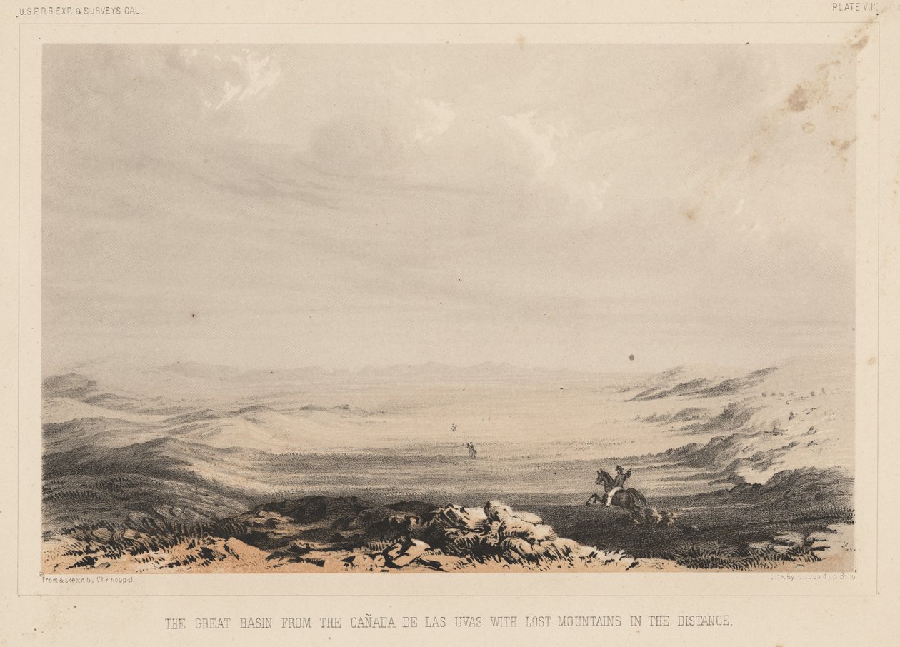 Den stora bassängen från Canada de las Uvas med de förlorade bergen i fjärran, litho av A. Hoen und Co., 1855 (chromolitho) av Charles Koppel